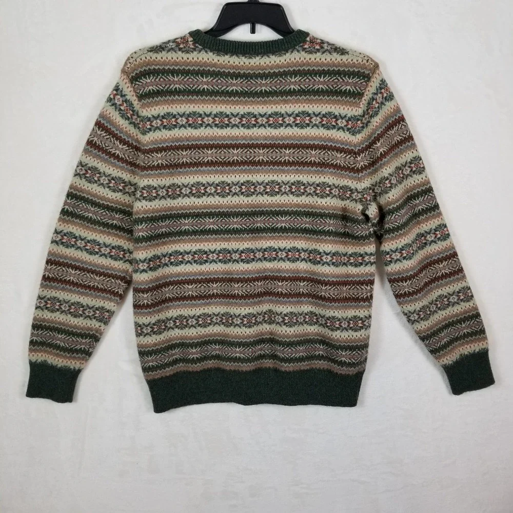 J. Crew Mens Fair Isle‎ Crewneck Sweater Green Brown Lambswool Blend Sz M